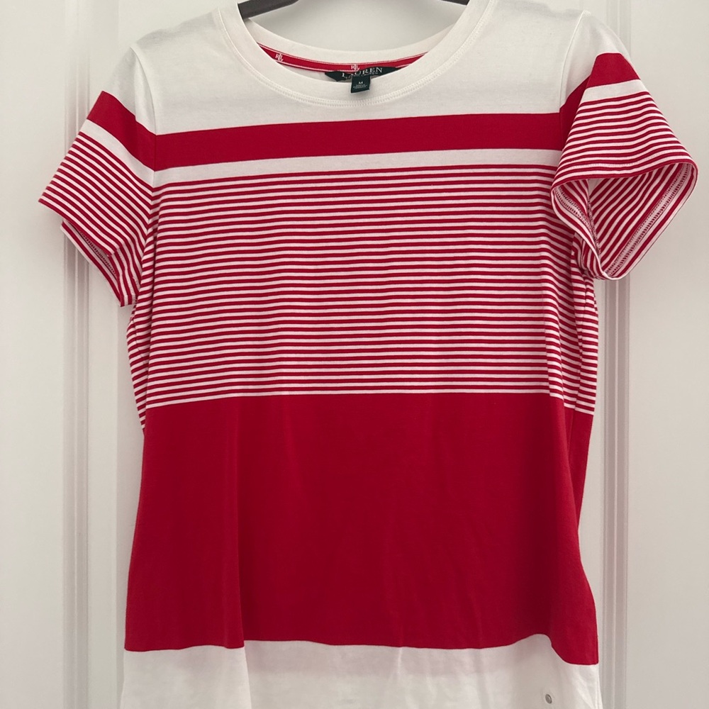 Ralph Lauren Red & White Short Sleeve Striped Crewneck Tee Lightweight Size M